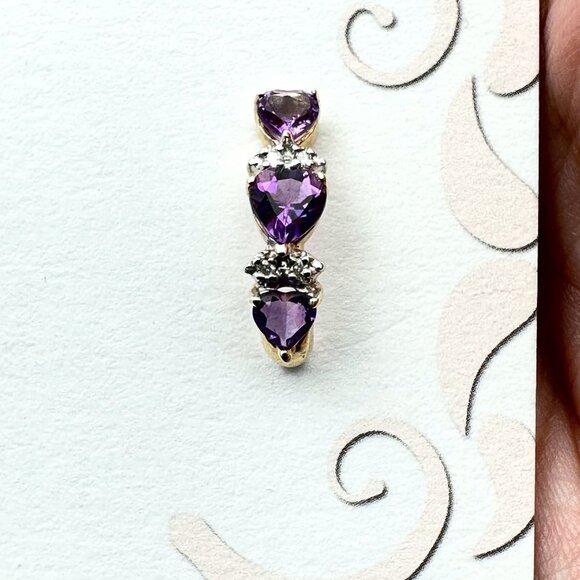 14K Yellow Gold Womens Earrings Pierced Amethyst Heart Diamond Gift Idea for Her - Picture 3 of 3